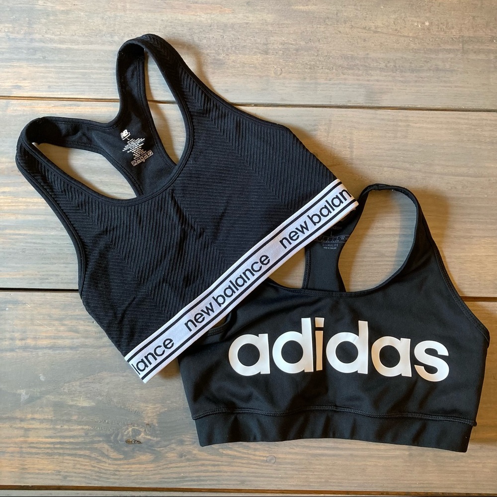Lot of 2 black sports bras: Adidas Climalite and New Balance, both size large